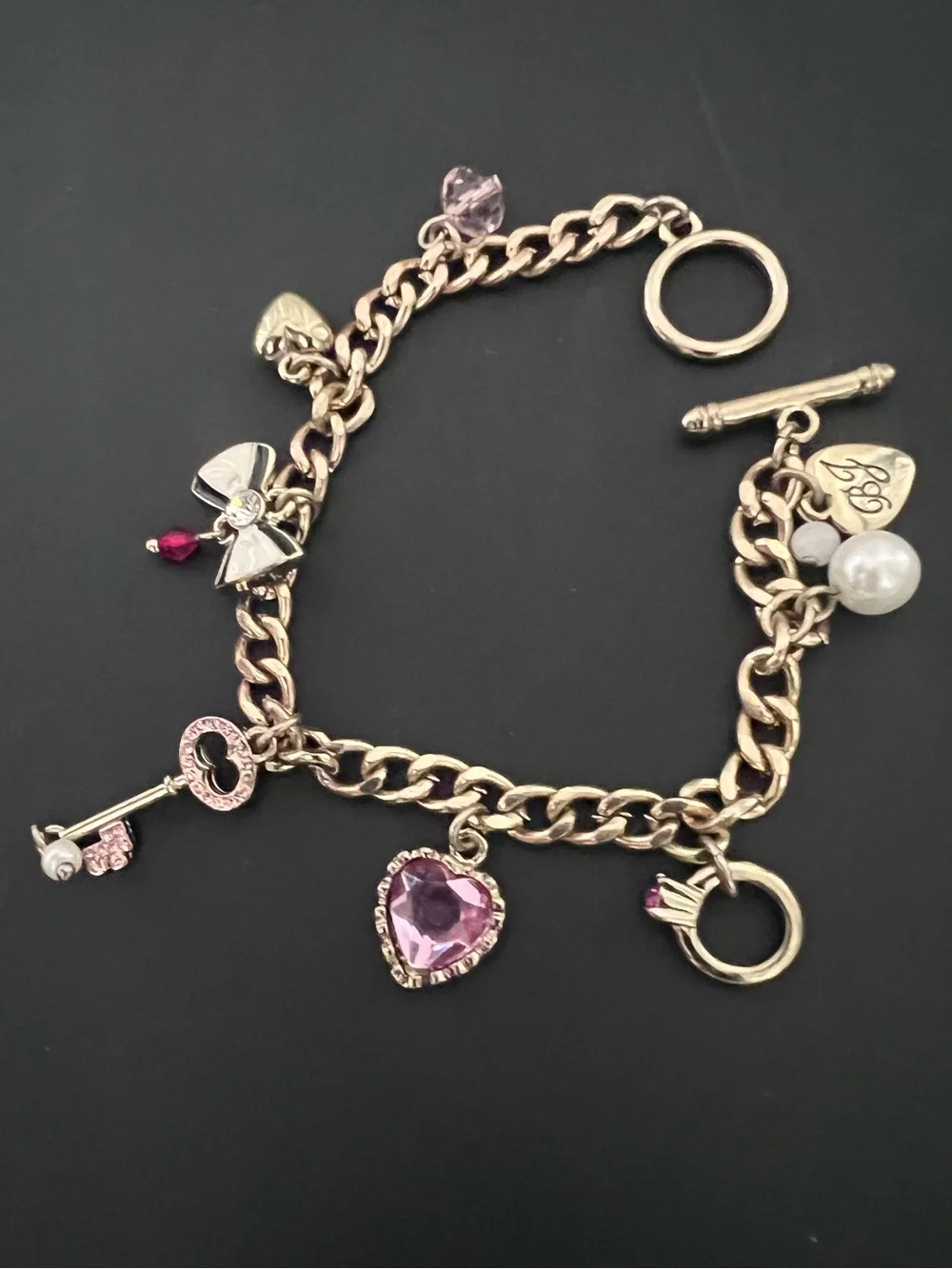Gold Charm Bracelet with Pink Heart and Gem Accents